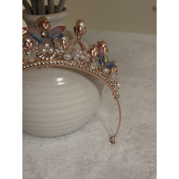 Girl’s Tiara Butterfly Princess Crown Gold Pearl Headband Rhinestone Hairpiece - Picture 4 of 8
